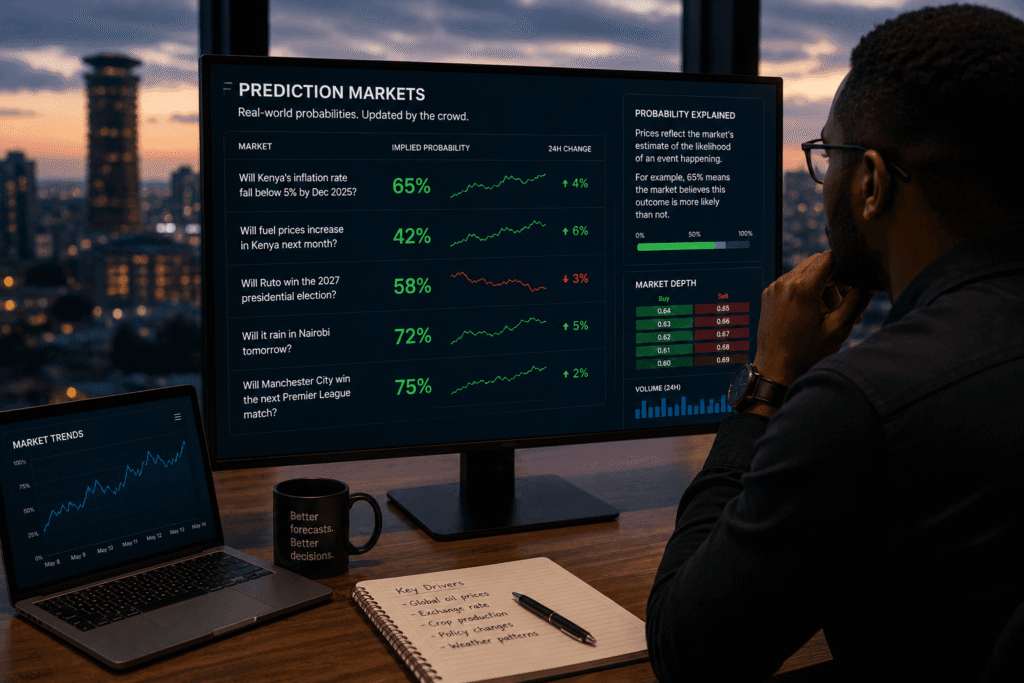 Prediction market probability dashboard showing forecasting data and implied probabilities