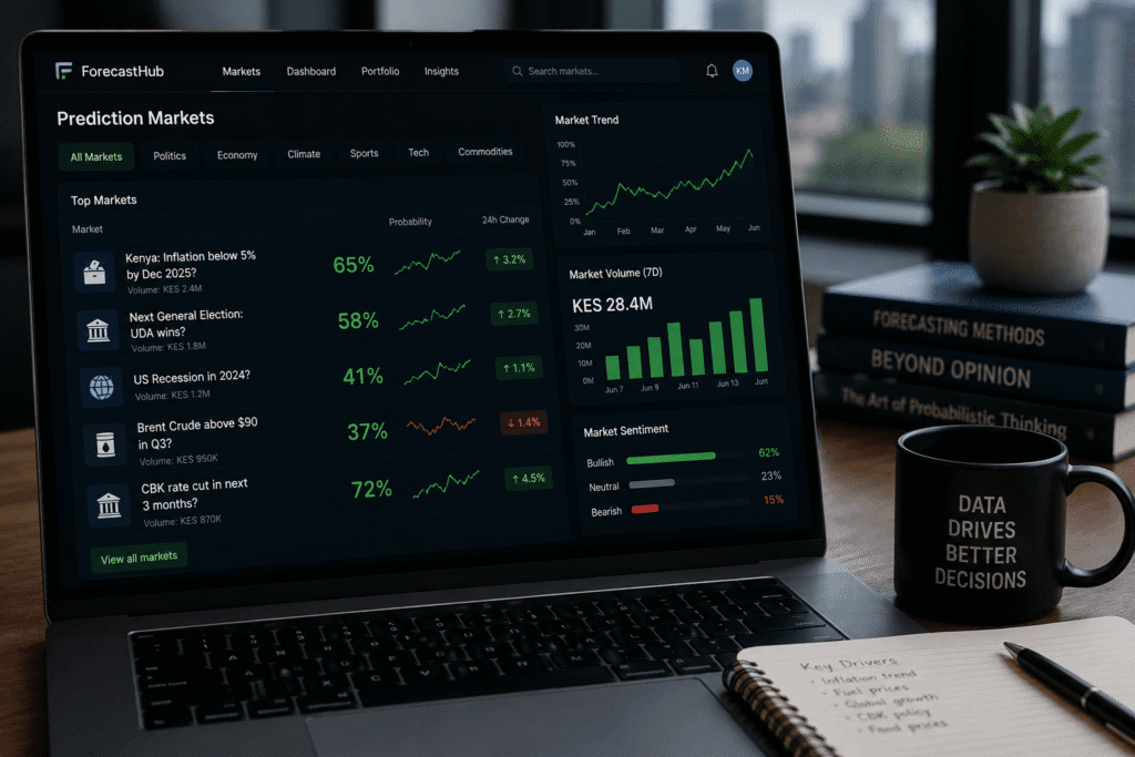 Prediction market probability dashboard showing future event forecasting percentages”