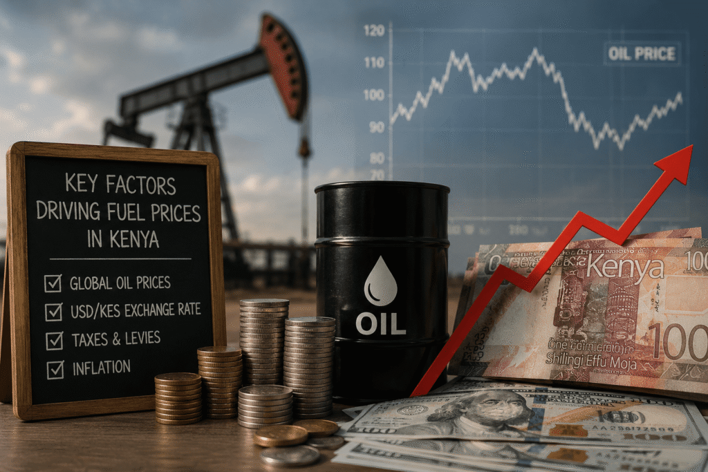 Key factors affecting fuel prices in Kenya including global oil prices, USD/KES exchange rate, inflation, and fuel market trends.