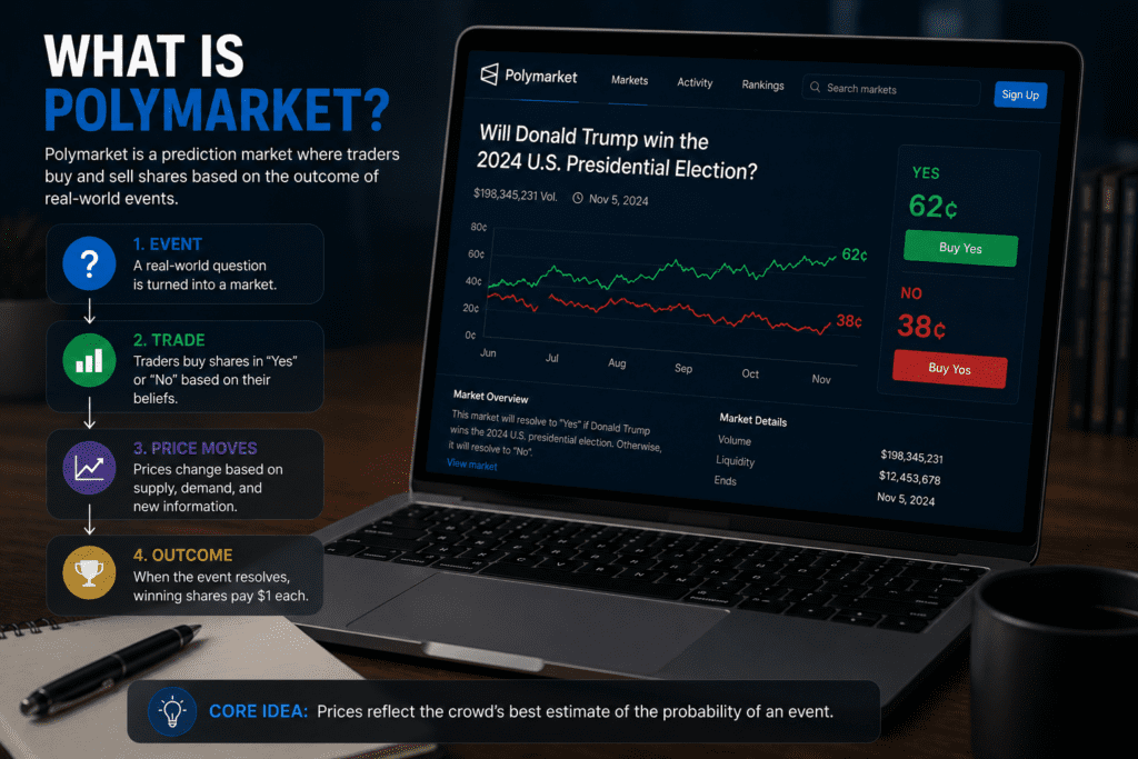 Illustration showing how Polymarket prediction markets work, from creating an event market to trading based on probabilities and final market resolution.