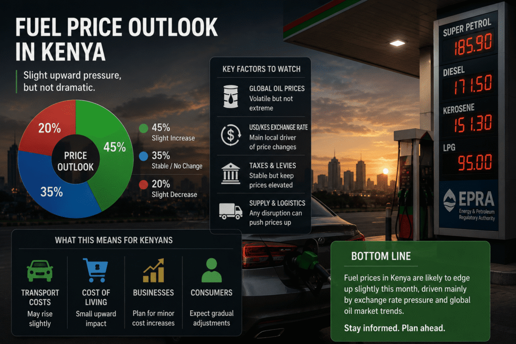 Kenya fuel price outlook showing forecast probabilities, oil market trends, exchange rate impact, and expected EPRA fuel price direction.