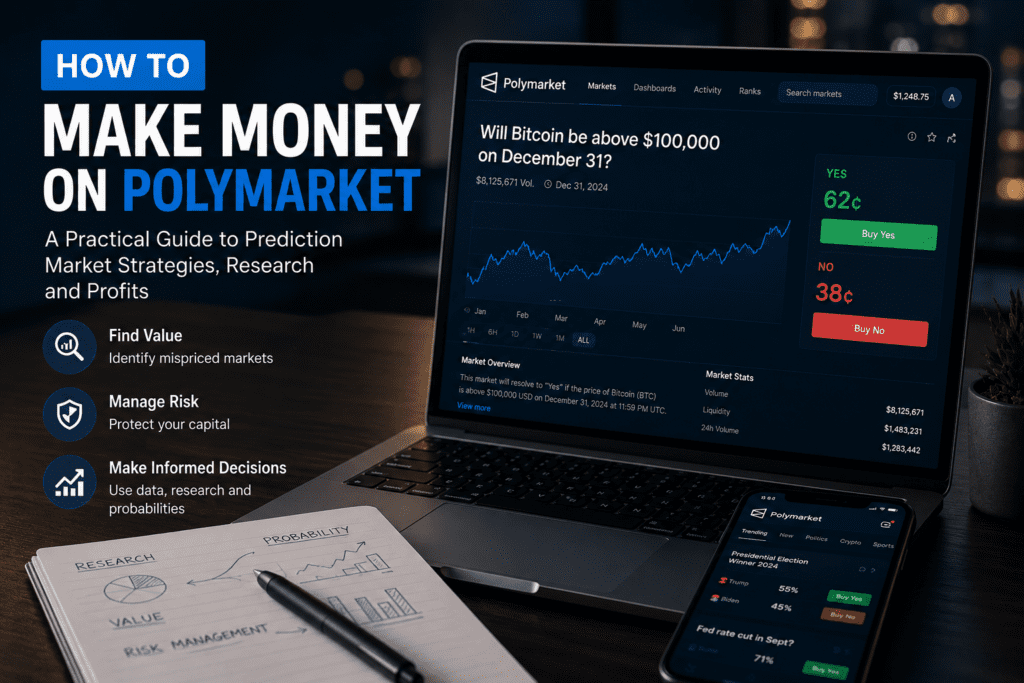 Professional trader analyzing prediction market data on Polymarket dashboard and probability charts polymarket.