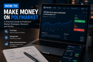 Professional trader analyzing prediction market data on Polymarket dashboard and probability charts polymarket.