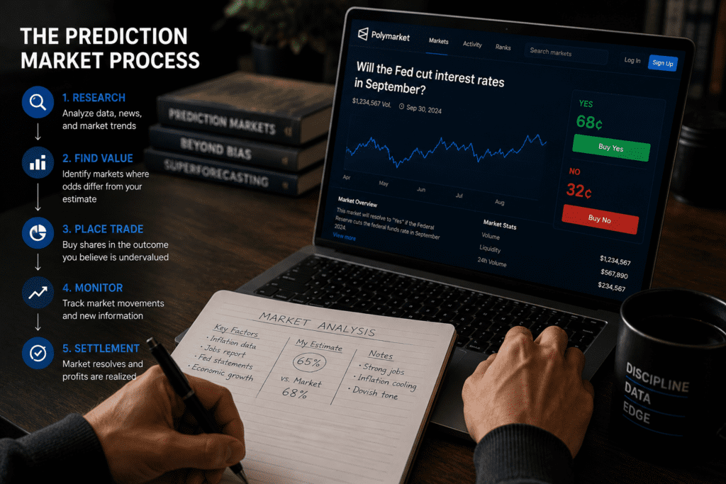 Analyst researching prediction market probabilities and comparing market odds before making a forecasting decision on Polymarket.