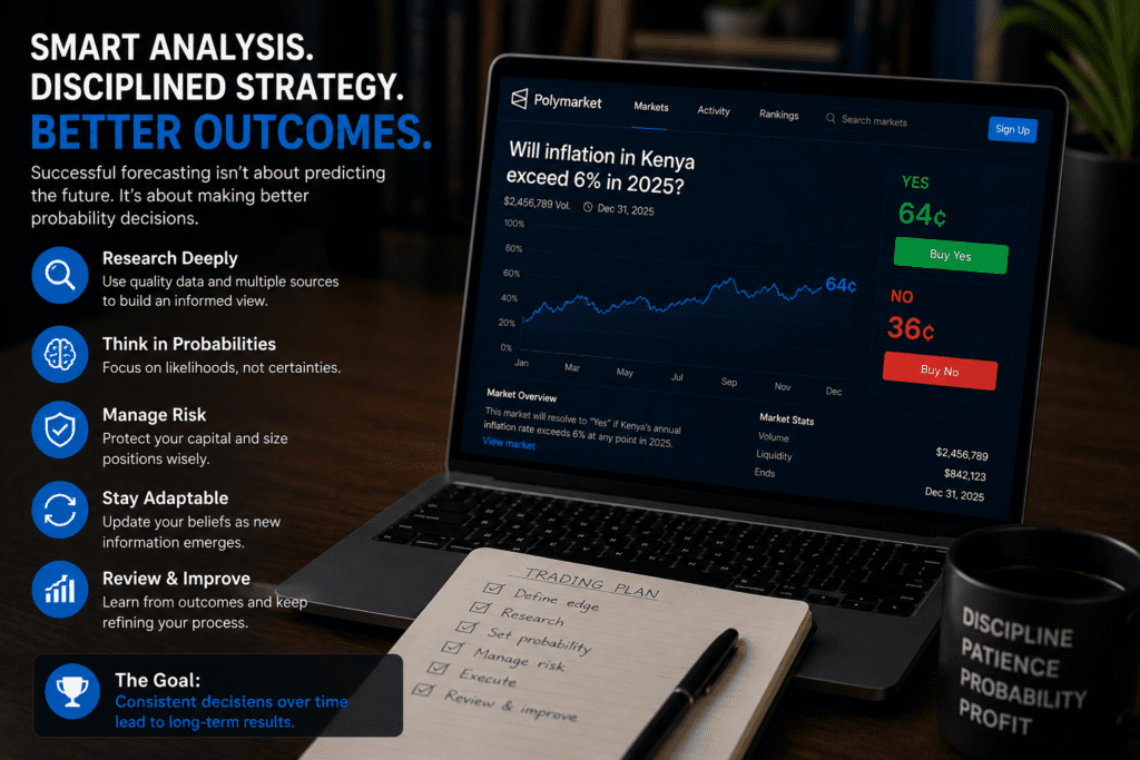 Professional analyst reviewing prediction market strategy, probability analysis, and risk management before making forecasting decisions.