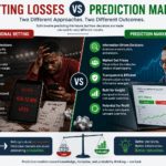 Side-by-side comparison of traditional betting and prediction markets showing how evidence-based forecasting differs from gambling through probability analysis, market information, and disciplined decision-making.