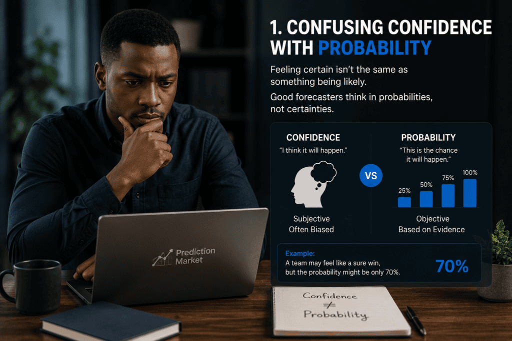 Illustration explaining the difference between confidence and probability in prediction markets for beginner forecasters.