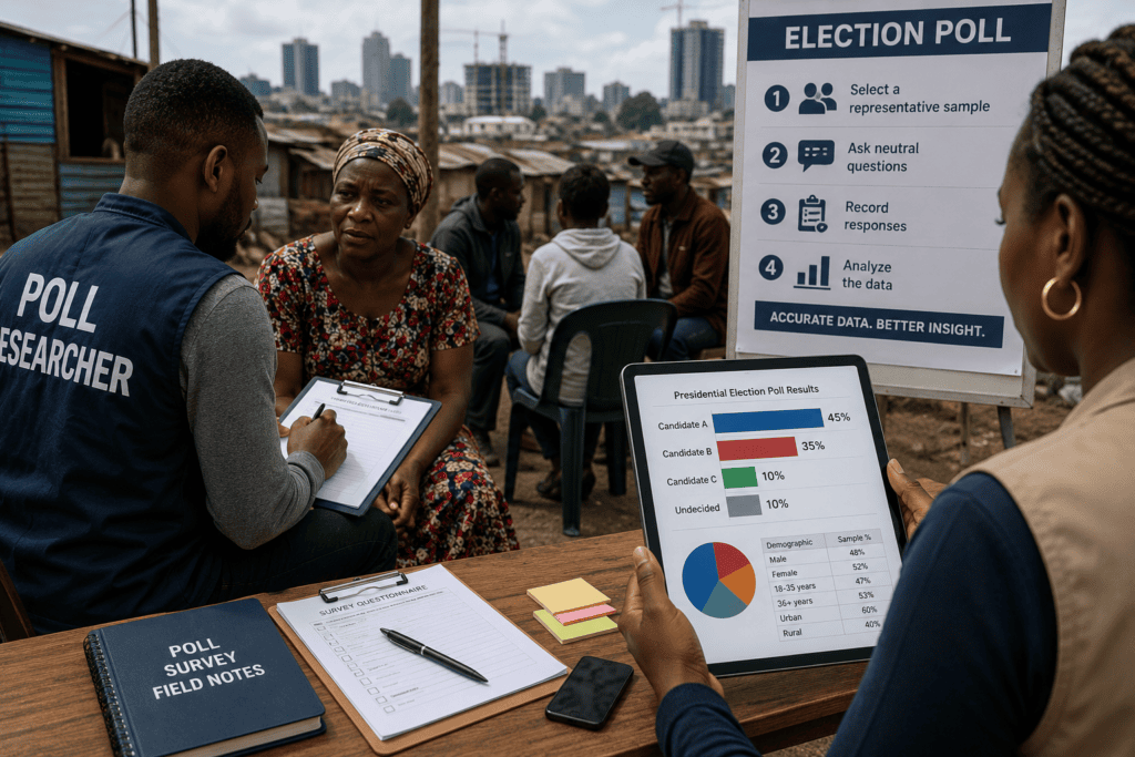 Researcher conducting an opinion poll with Kenyan voters while analyzing election survey data.