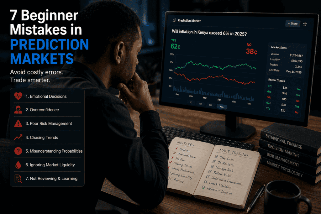 Analyst reviewing prediction market data while avoiding common beginner forecasting and trading mistakes.