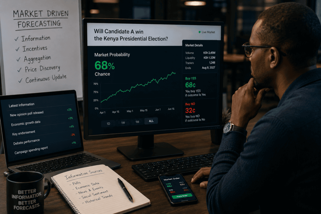 Analyst combining polling data, economic indicators, and market information to estimate election probabilities in a prediction market.