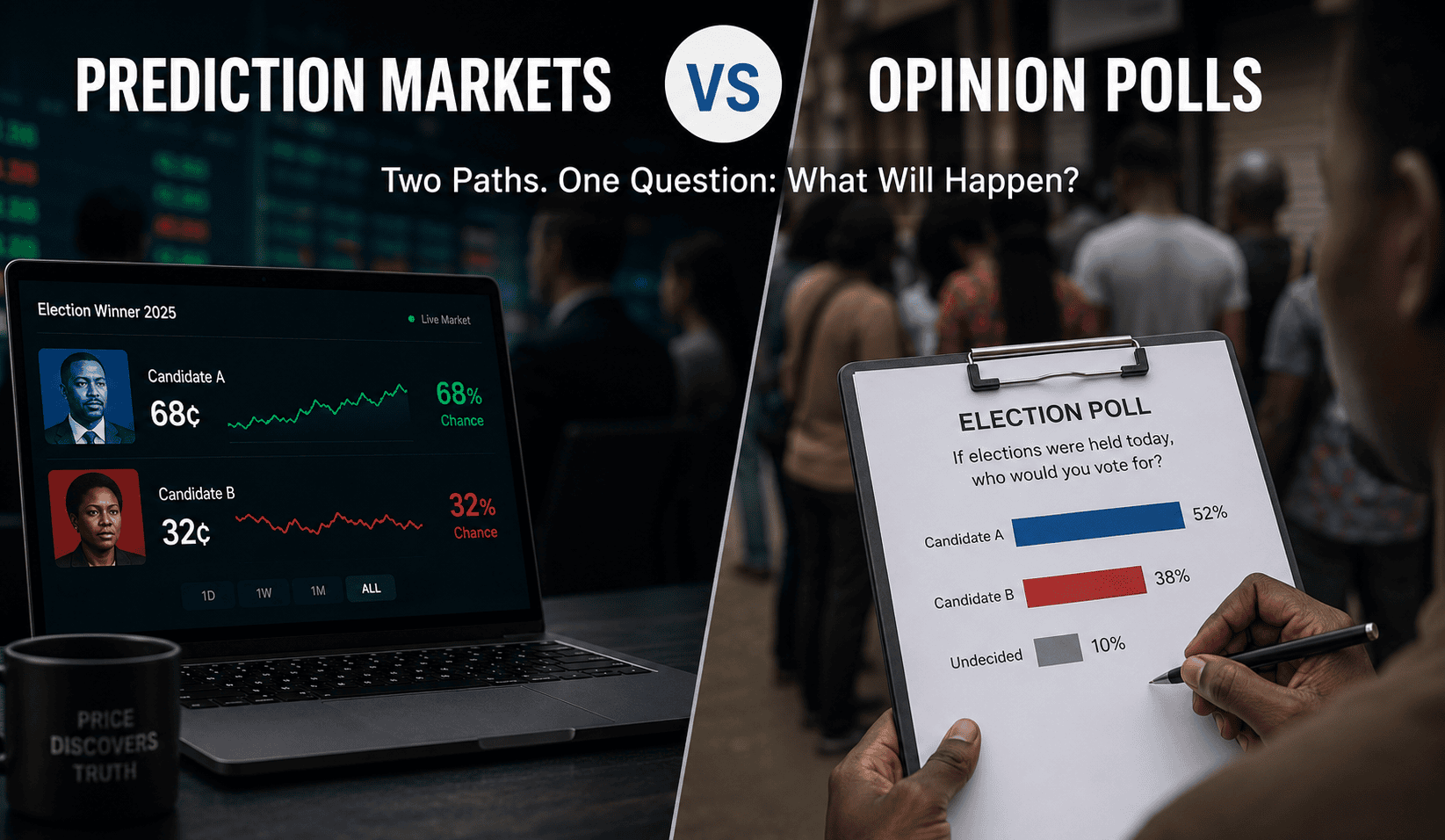 Comparison of prediction markets and opinion polls for election forecasting and probability analysis.