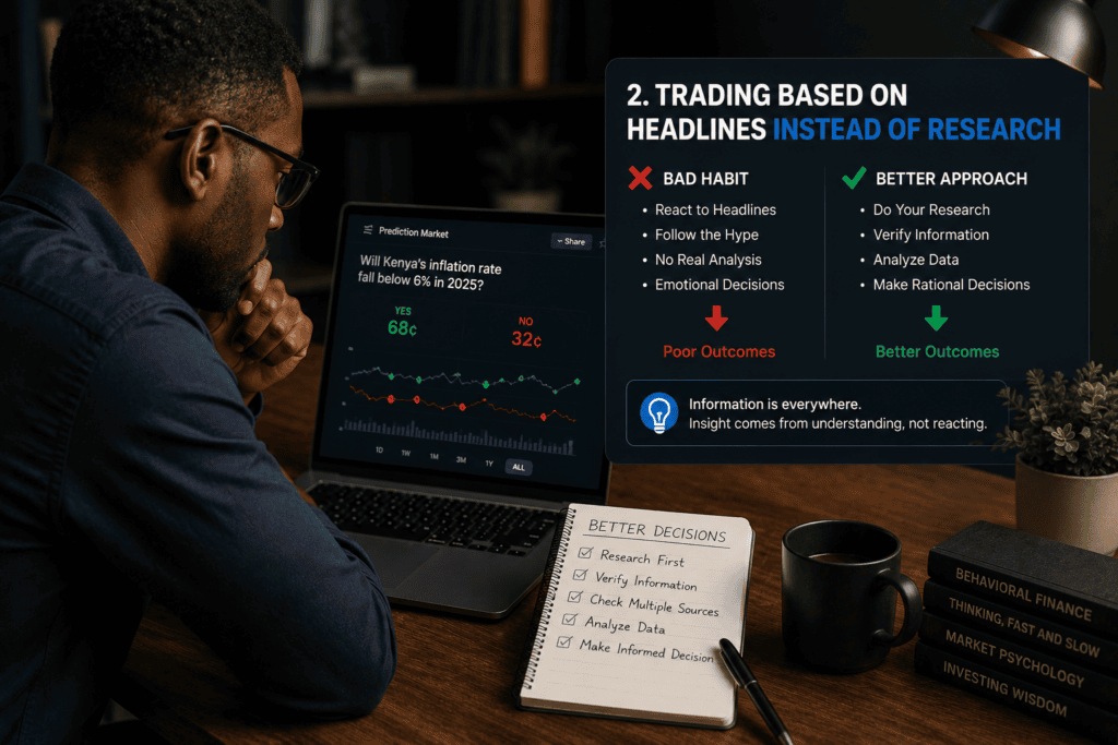 Analyst researching data instead of reacting to headlines before making a prediction market decision.