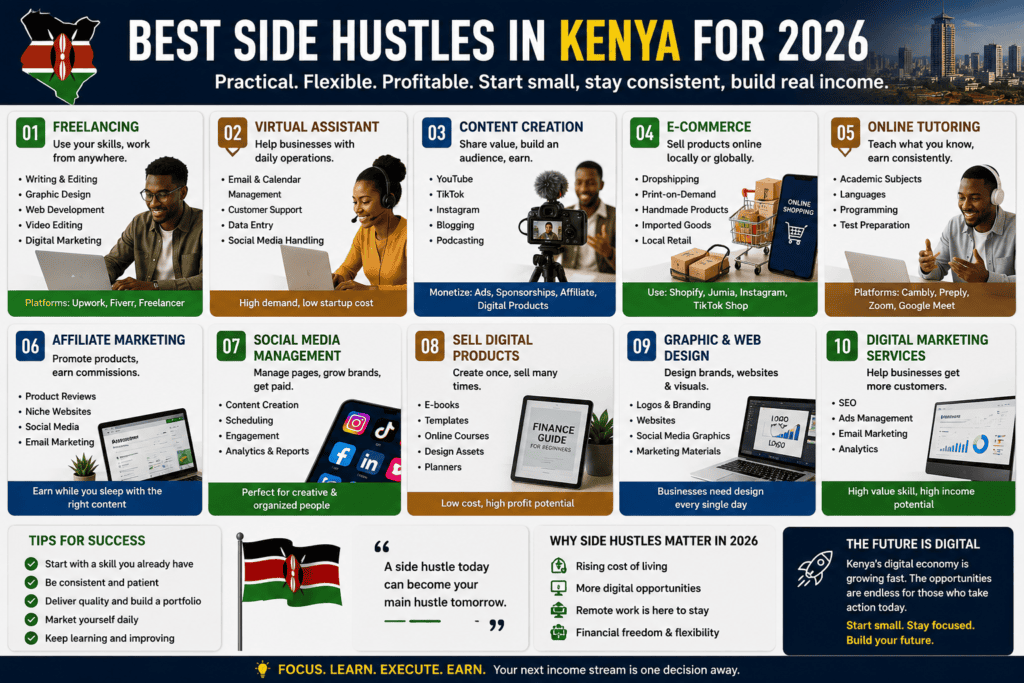Infographic showcasing the best side hustles in Kenya for 2026, including freelancing, content creation, virtual assistance, e-commerce, affiliate marketing, digital marketing, and other online income opportunities