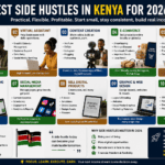 Infographic showcasing the best side hustles in Kenya for 2026, including freelancing, content creation, virtual assistance, e-commerce, affiliate marketing, digital marketing, and other online income opportunities