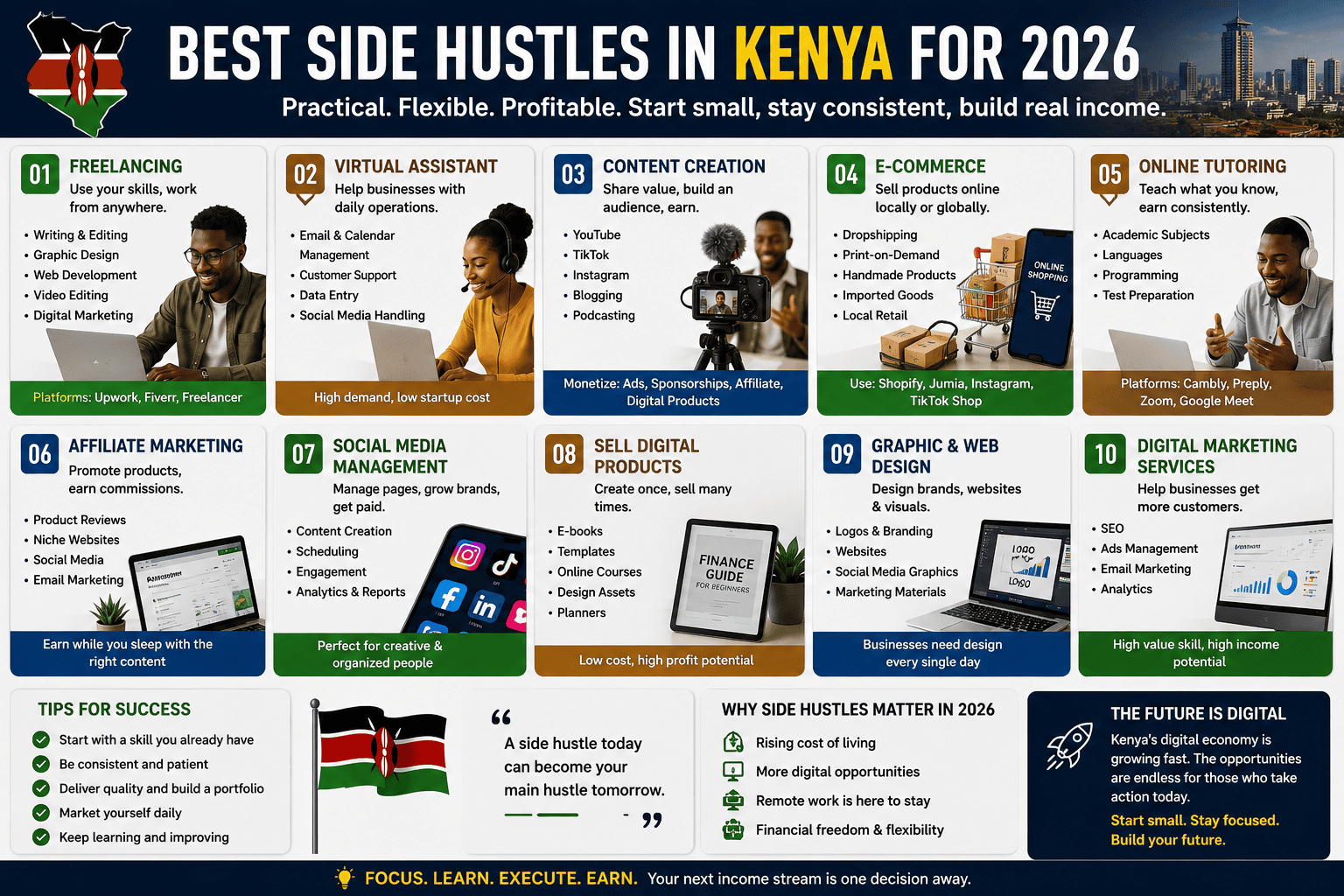 Infographic showcasing the best side hustles in Kenya for 2026, including freelancing, content creation, virtual assistance, e-commerce, affiliate marketing, digital marketing, and other online income opportunities